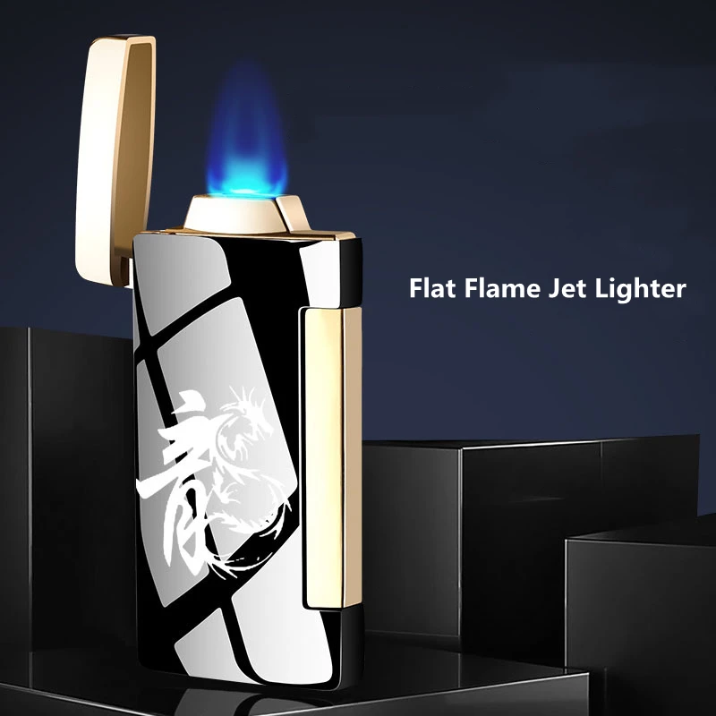 

New Windproof Flat Flame Torch Cigar Lighter Jet Metal Plasma Arc Gas Butane Lighter Compact Cigarette Side Ignition Gadgets