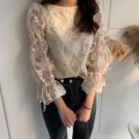fashion embroidered lace tops elegant flare sleeve casual women blouse 2021 spring autumn new girl chiffon shirt