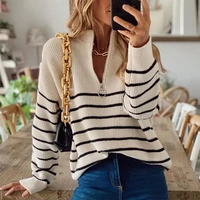 autumn and winter striped sweater casual womens fashion patchwork half neck long sleeve zip pullover sexy pull super soft tops