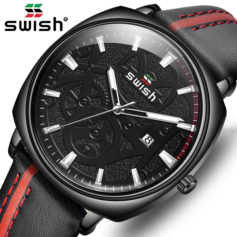 Мужские часы с кожаным ремешком кварцевые аналоговые со светящимися датами