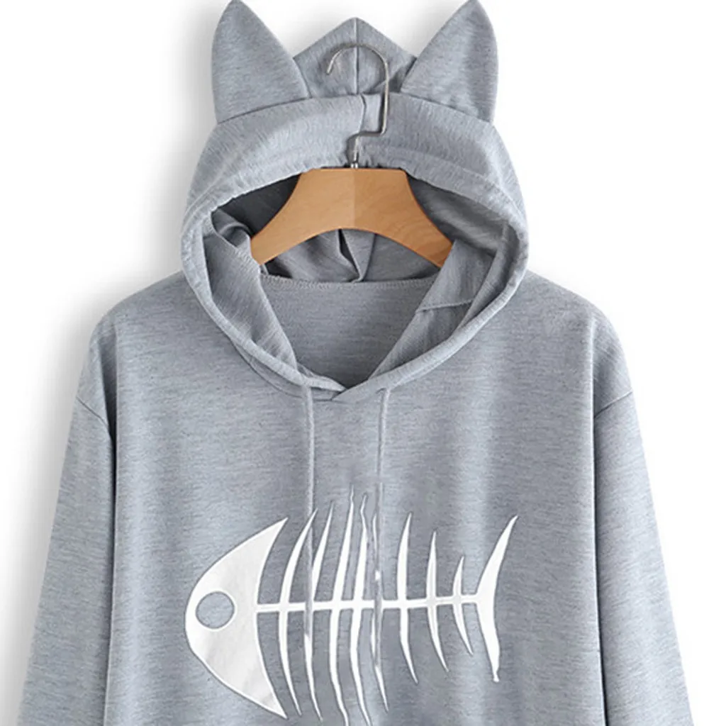 

Women's Casual Cat Ears Long Sleeve Fish Bone Pattern Hooded Sweatshirt 2019 Women Hoodies Sweatshirts Female Casual Coat