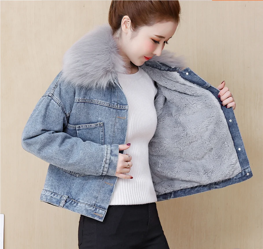 Джинсовая куртка осень-зима 2018 Новая женская бархатная свободная тонкая с