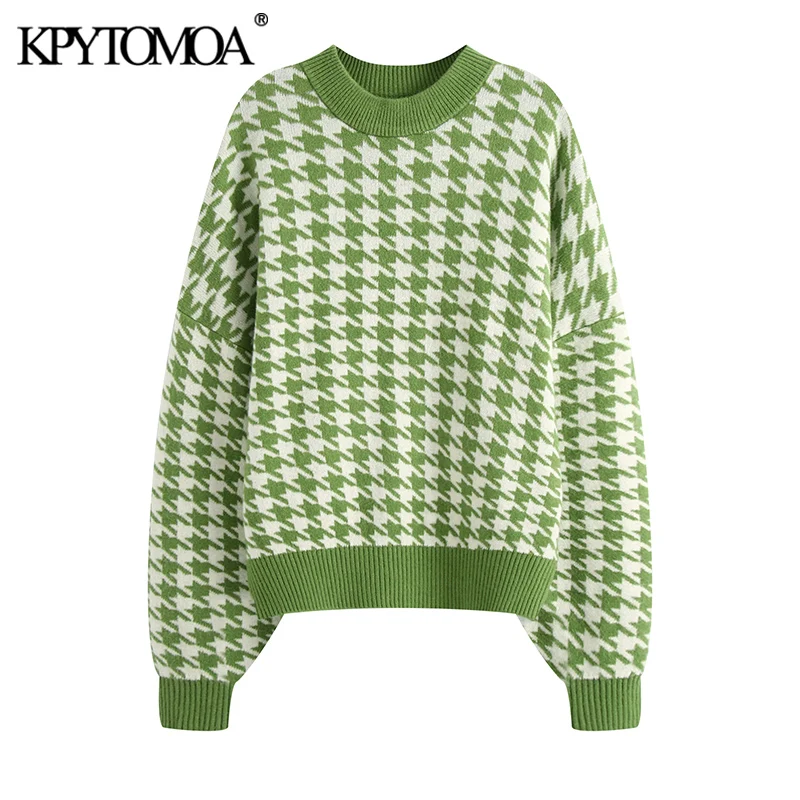 

KPYTOMOA Women 2020 Fashion Oversized Jumper Houndstooth Knitted Sweaters Vintage Long Sleeve Loose Female Pullovers Chic Tops