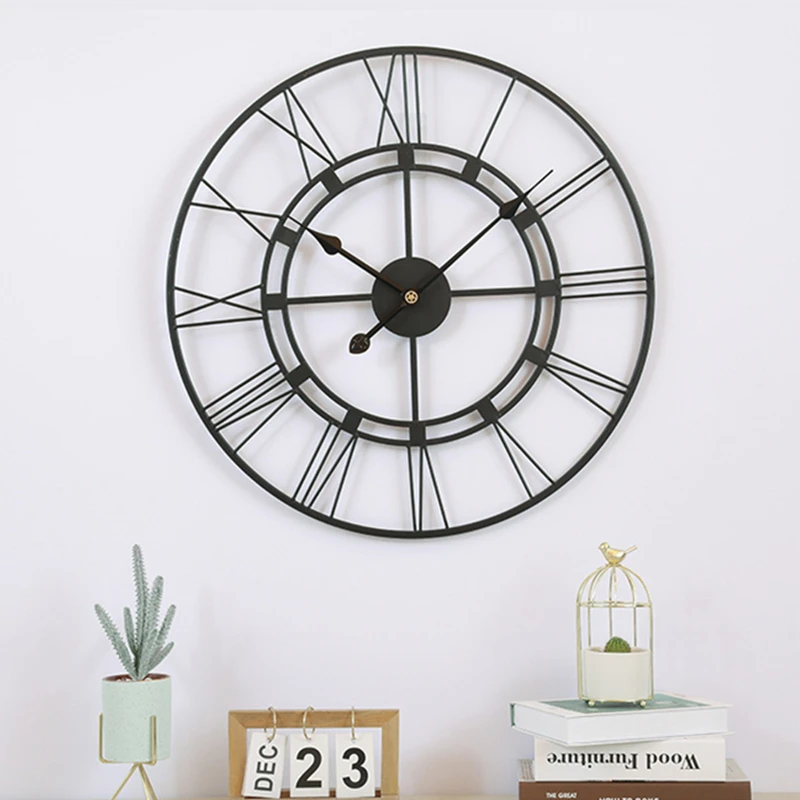 

40/60CM Nordic Metal Roman Numeral Wall Clocks Retro Iron Round Face Black Gold Large Outdoor Garden Clock Home Decoration