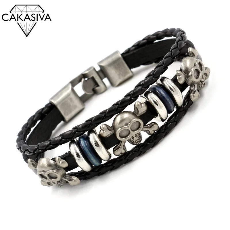 

Vintage Punk Style Jewelry Men's Genuine Leather Woven 925 Silver Pirate Skull Leather Bracelet Personalized Gift Jewellery