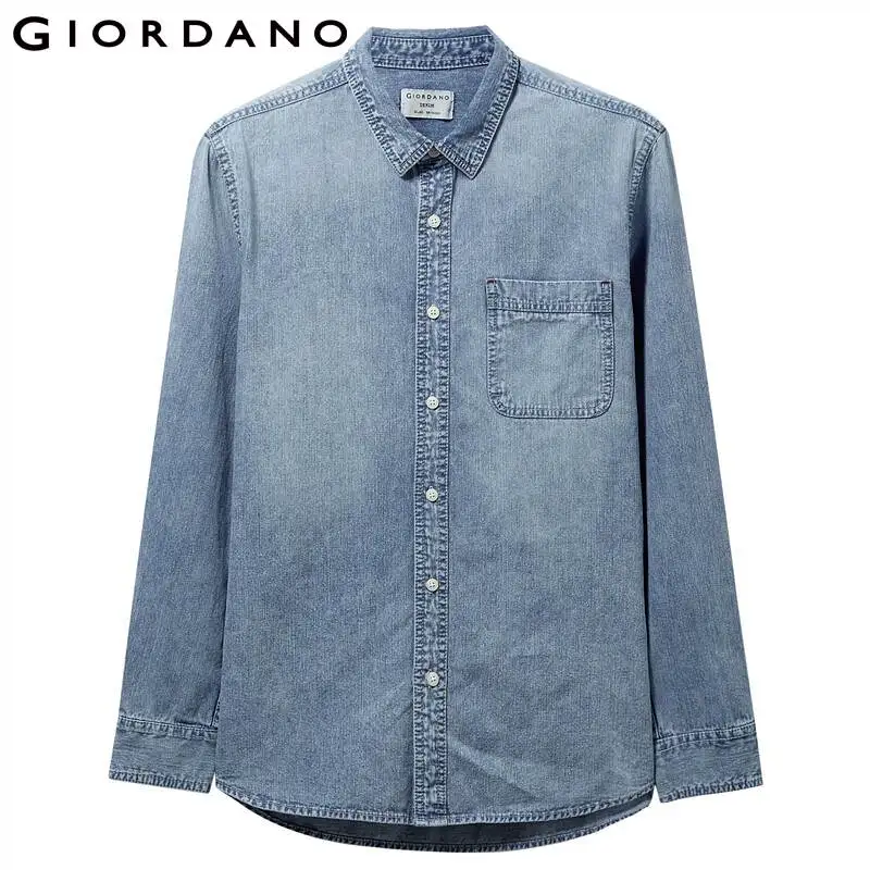 Giordano приталенная Мужская рубашка из джинсовой ткани с длинными рукавами Camisa Masculina, на пуговицах спереди, с отложным воротником, Chemise Homme 01049890