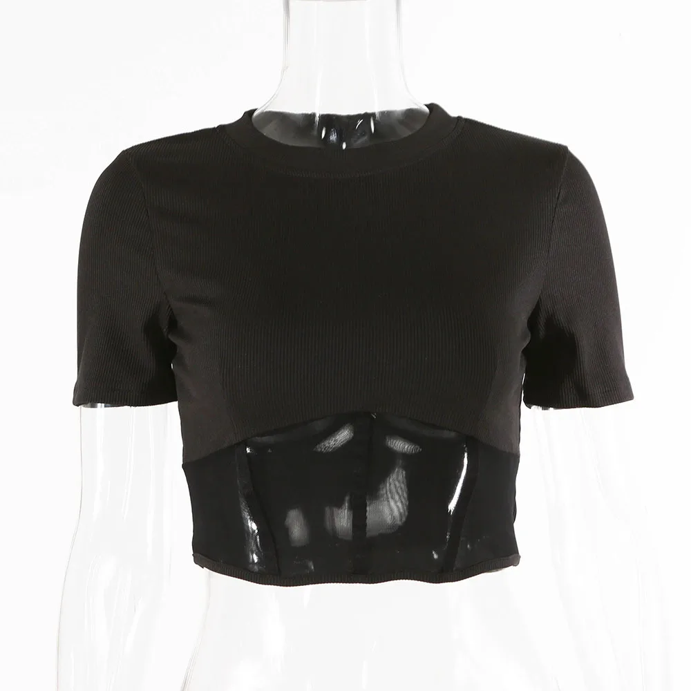 

CNYISHE Sexy Mesh Sheer Pactchwork Crop Tops for Women Tees Tshirt T-shirts Black Short Sleeve Cropped Shirts Female Slim Blusas