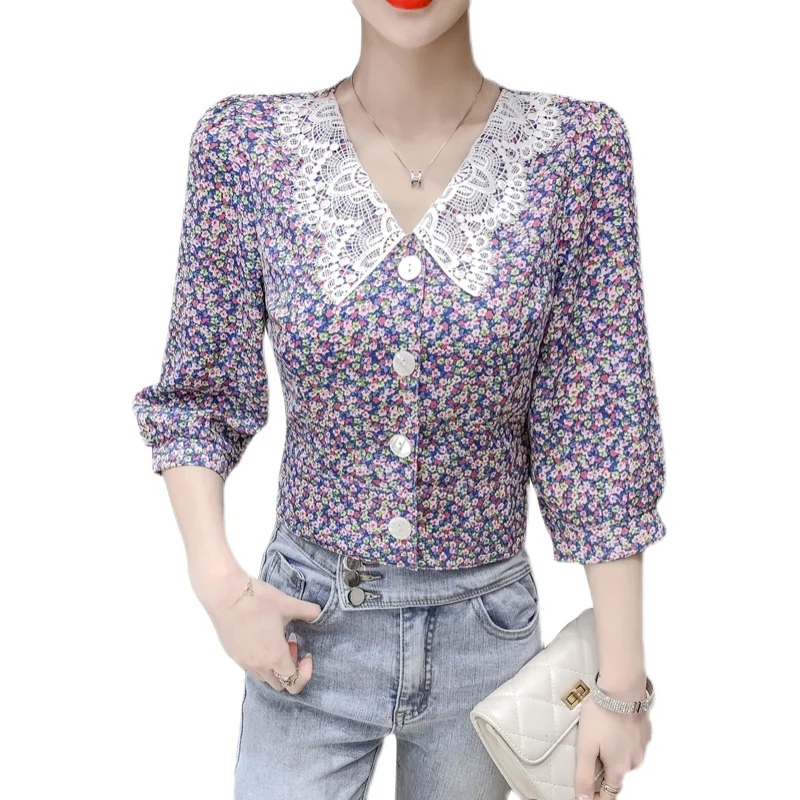 

COIGARSAM French Style Shirt Womens tops New Spring Three Quarter Sleeve Floral Print Chiffon Lace Women shirts Purple 3575