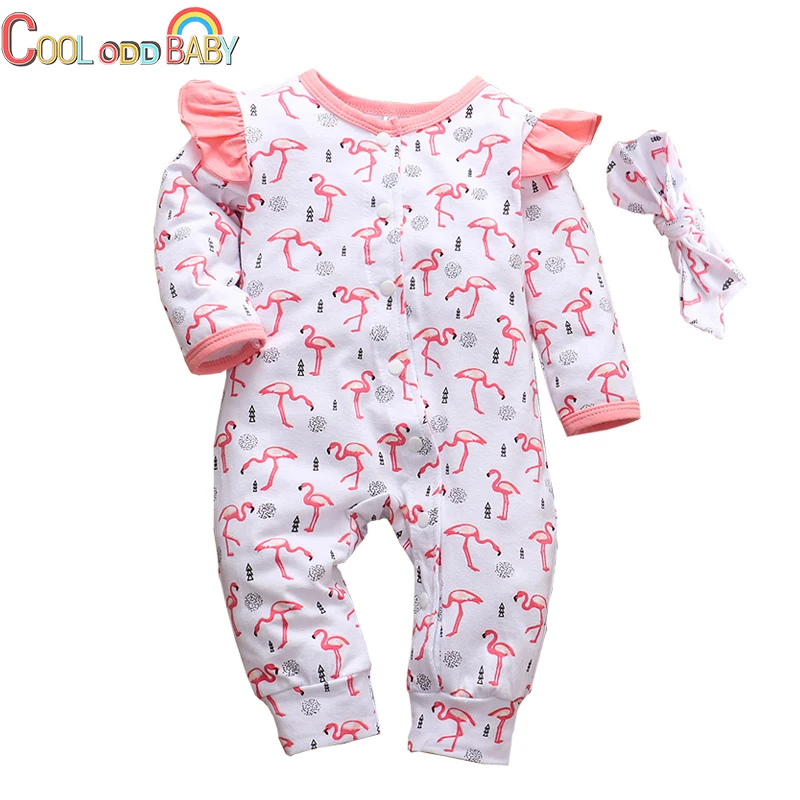 Autumn Baby Girls Romper Cotton Ruffle Long Sleeve Flamingo Print Jumpsuit + Headband 2Pcs Cute Newborn Clothes Infant Outfits