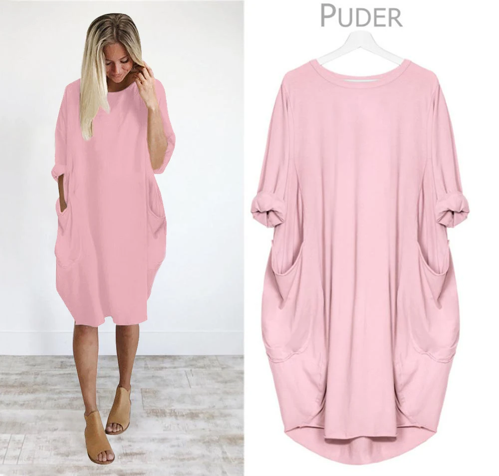 Pink 5XL размера плюс, осенние женские платья с карманами, свободное платье для девушек, вырез лодочкой, повседневные Длинные Топы для девушек, платье, женская мода, большие платья - Цвет: Pink