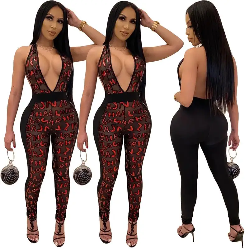 Женский комбинезон сексуальный с глубоким v образным вырезом и открытой спиной