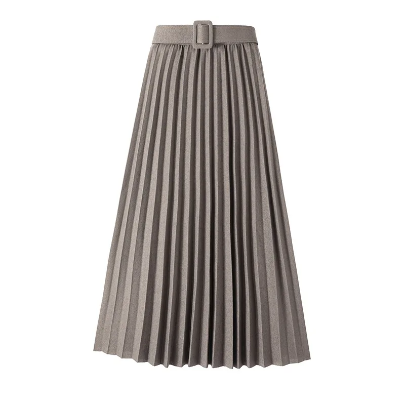 

Autumn winter skirt new drape texture pleated high waist large skirt Womens with belt leisure A-line Pleated Mid-Calf skirt