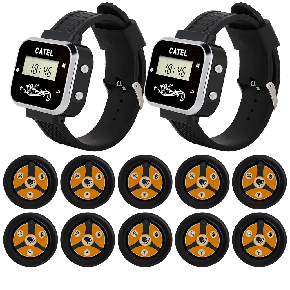 CATEL 10 Call Button Transmitter 2 Watches Receiver Wireless Pager 433.92mhz for Restaurant Cafe Office Calling System Buzzer