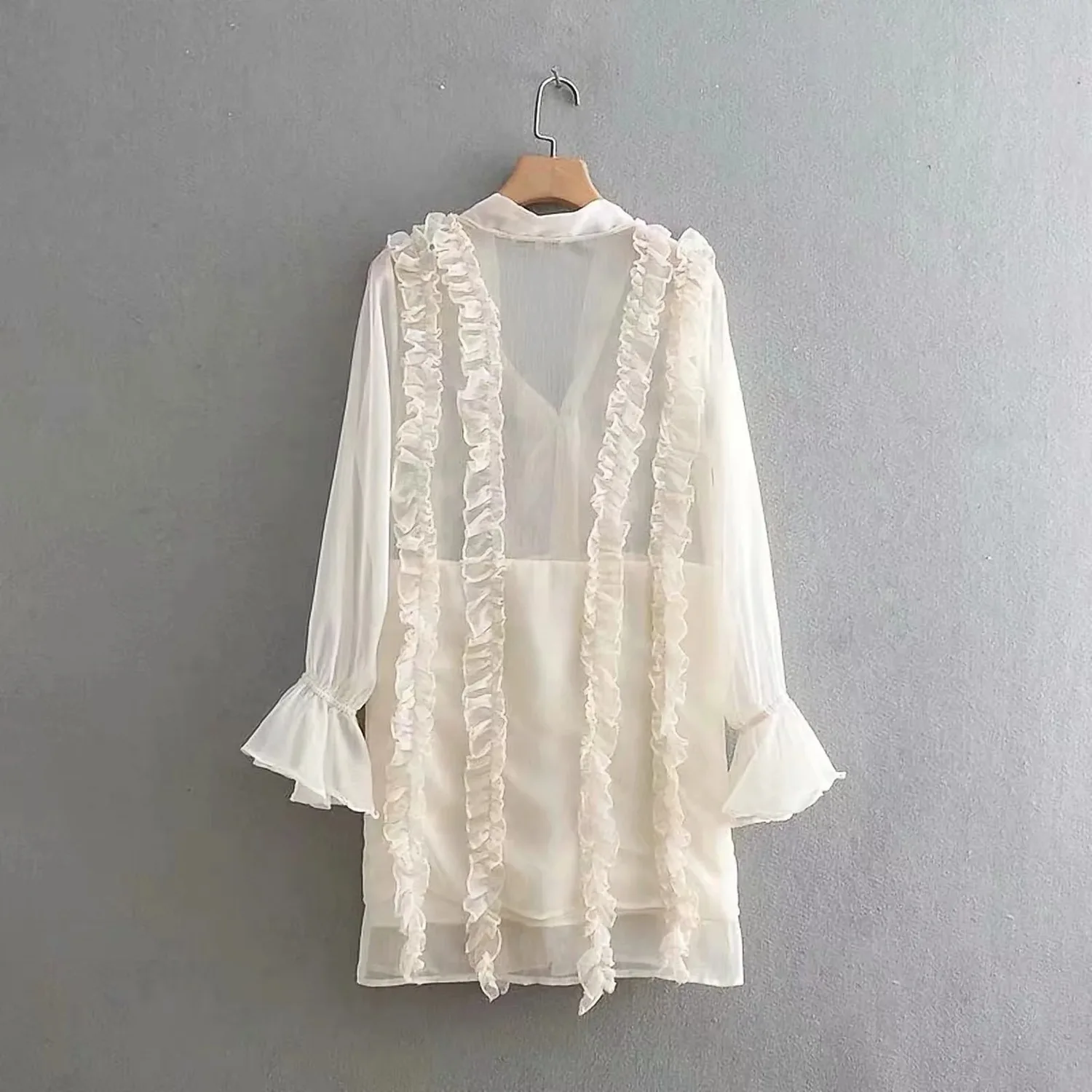 DEAT 2020 Spring Long Sleeve Ruffled Collar Beige Short Mini Dress Women MH566 |