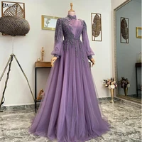 Purple Muslim Evening Dresses Long Luxury 2022 Beading Lace A-Line Tulle Prom Gowns for Women Party Wear Formal with Sleeves