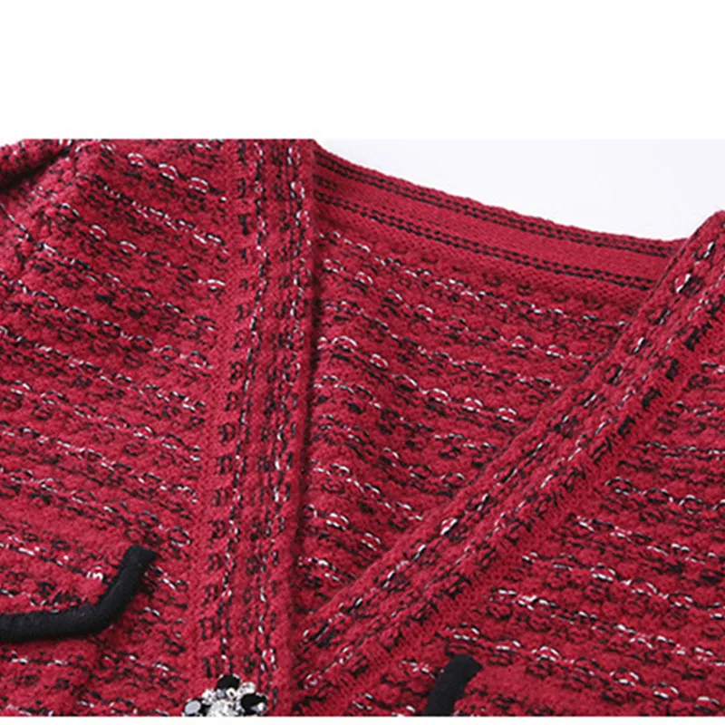 

HARLEYFASHION Women Slim Decorate Petal Water Drill Buttons Knitted Skirt V-Neck Long Sleeve Temperament Goddess Mini Dress