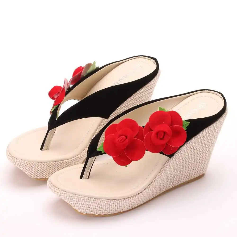 

Bohemian platform slope HEEL SANDALS BEACH herringbone foot clip slippers muffin thick bottom flower slippers sandals