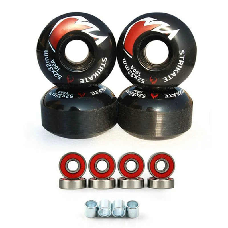 

STRIKATE 4Pcs Skateboard Wheels PU Skateboard Parts and Free 8Pcs Bearings Black 52mmx30mm Wheels 100A High-Density