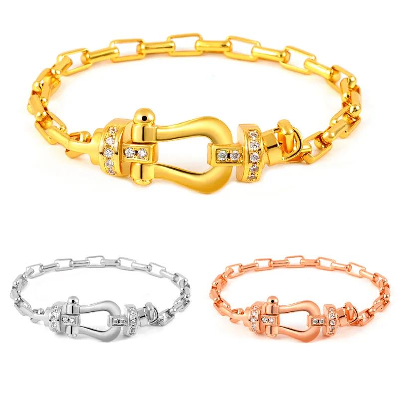 

Popular New Horseshoe Copper Gold-plated Women's Bangles Bracelets U-shaped Head Half Brick Zircon Bracelet Charms for Bangles