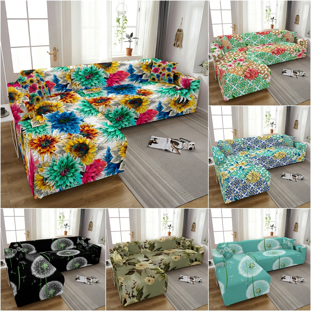 Elastic Slipcovers Sunflower Floral Couch Cover Stretch Corner Sofa Covers For Living Room Dandelion Dust-Proof Wrapped Cover
