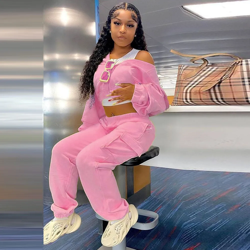 

Casual Athleisure Outfit Women Sporty Clothing Zipper Front Long Sleeve Crop Jackets and Side Pocket Sweatpant Workout Outfits