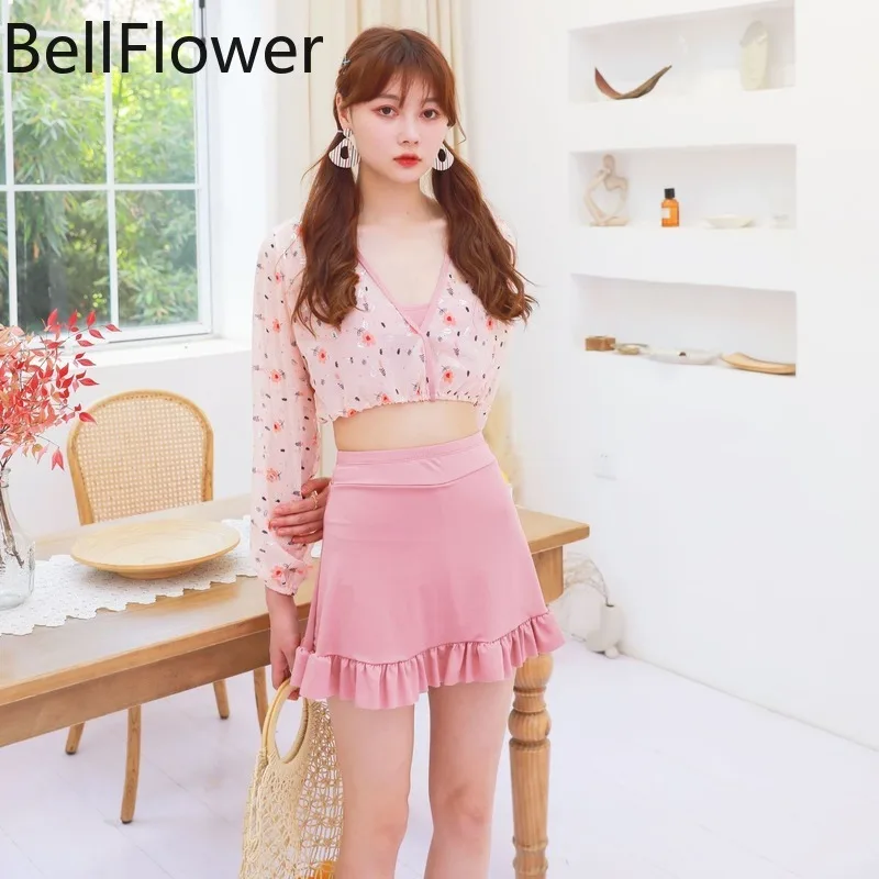 

Pink Long Sleeve Bathing Suit Women Solid V Neck 3 Piece Bikini Set Chiffon High Waist Summer Wire Free Korean Style Sexy Suit