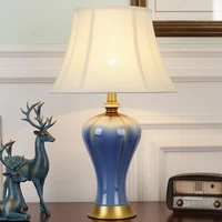 ourfeng modern ceramic table desk lamp blue led copper decorative bedside lamp for home study foyer office bed room