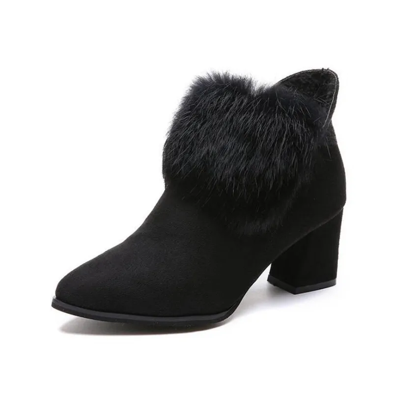 

New suede women's fashion boots autumn and winter wild thick with velvet warm women's boots fashion cuffed high heel ankle shoes