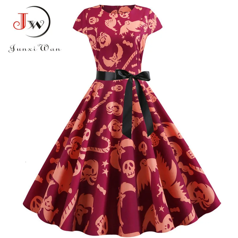 2019 Для женщин короткий рукав принт Винтаж Хэллоуин вечерние миди платье 50 х 60