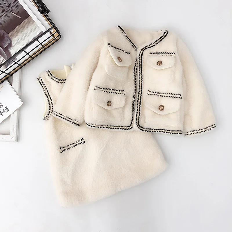dress coat set Осенне-зимний теплый комплект из 2 предметов для девочек, платье-жилет для малышей, пальто детский комплект Брендовая детская одежда бархатная куртка с карманами на кнопках для детей от 1 до 7 лет - Цвет: dress coat set