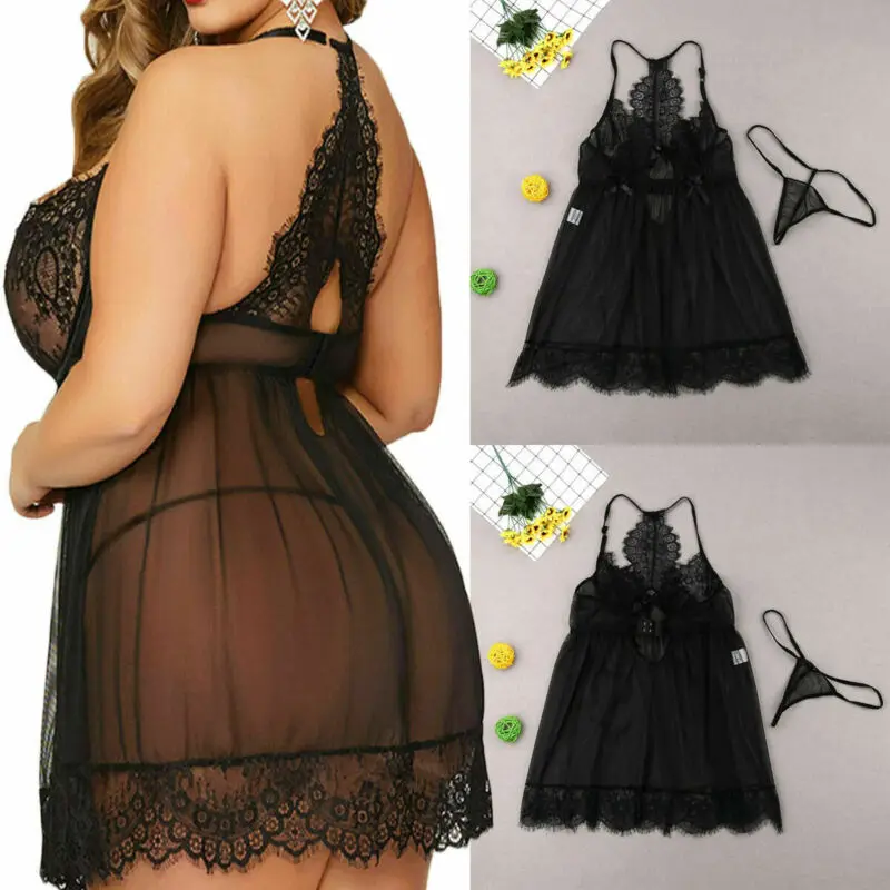 Plus Size Sexy-Women-Lingerie-Set-Sleepwear-Lace-G-string-Dress-Nightwear-Gowns | Женская одежда