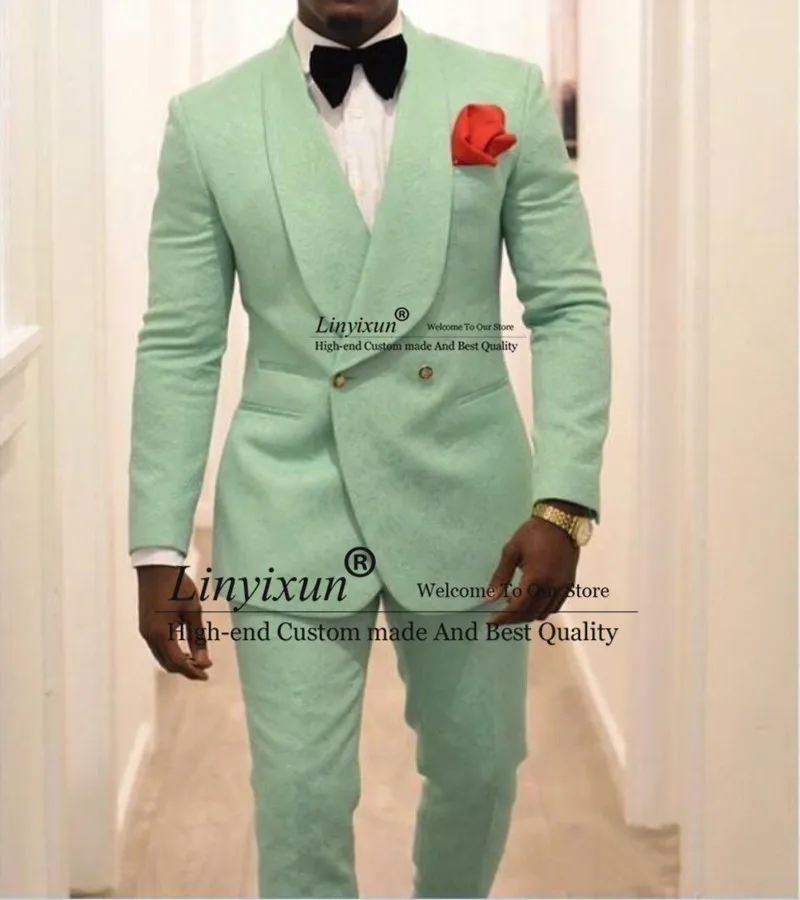 

Mint Green Latest Men Groom Tuxedos for Wedding Suits Shawl Lapel Double Breasted Two Pieces (Jacket Pants) Formal Man Blazer