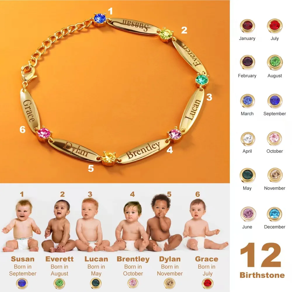 

HUHUI Customized 1-6 Names Bracelet Personality Birthstone Stainless Steel Women Family Jewelry Baby Birthday Mom Memorial Gift
