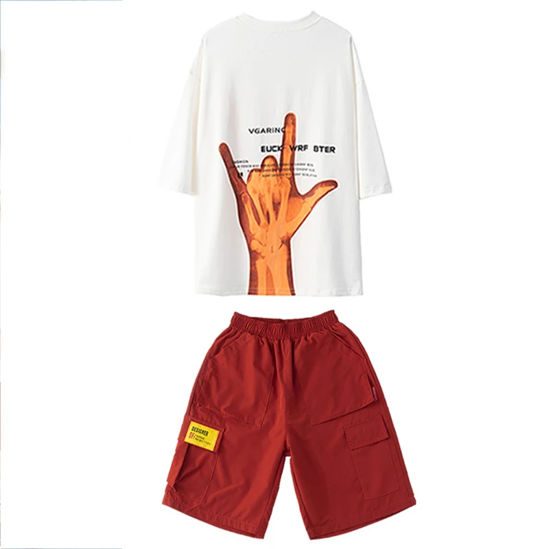 

Boys Hip Hop Costumes Girls Jazz Dance Stage Performance Wear Loose Short Sleeve Top Shorts Kids Street Dancing Clothing DN6318