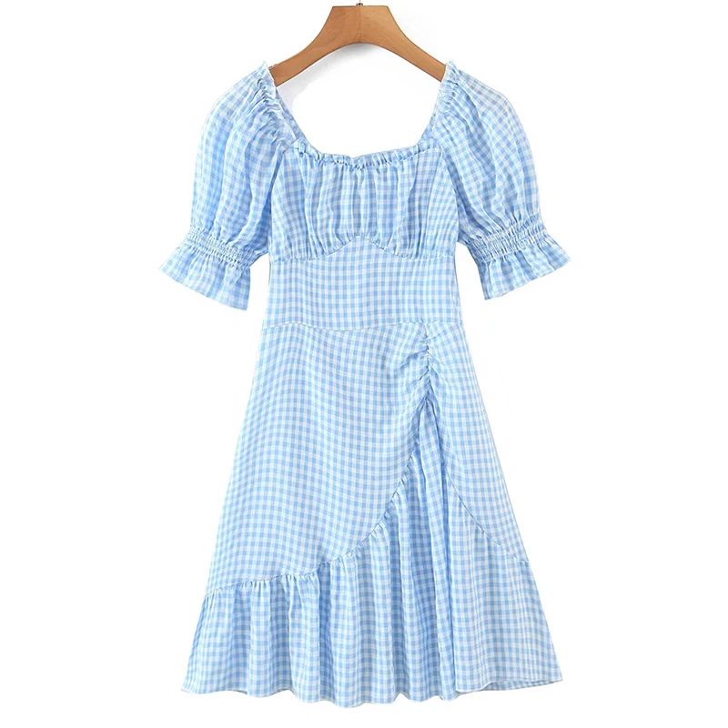 

Женское винтажное платье в клетку, голубое короткое платье с квадратным вырезом, пышными рукавами и рюшами, лето 2022