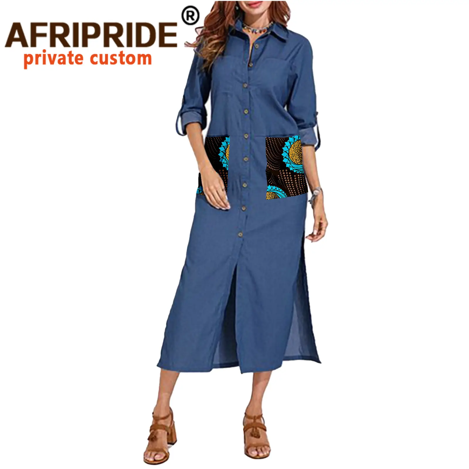 African Dresses for Girls A-Line Mid-Calf Length Women Ankara Print Denim Dress with Pockets A2025033