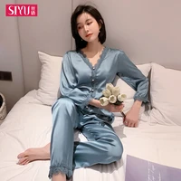 2021 summer silk like pajamas womens leisure simple nightwear set spring short sleeve home wear lace sexy sleepwear