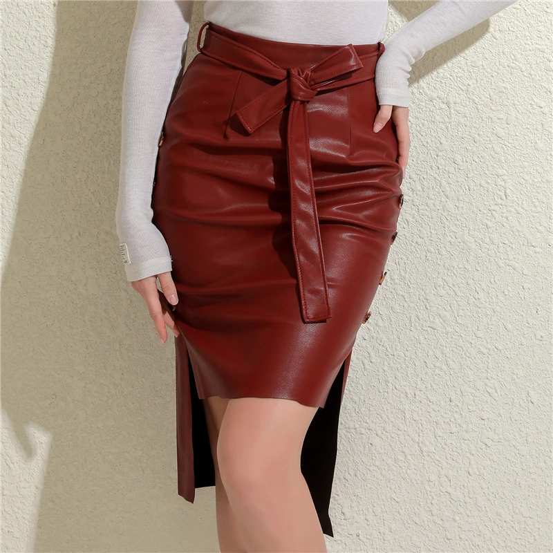 

Women Fashion PU Leather Midi Skirt Solid Color High Waist Lace-up Side Button Slim Skinny Pencil Skirt Female Streetwear