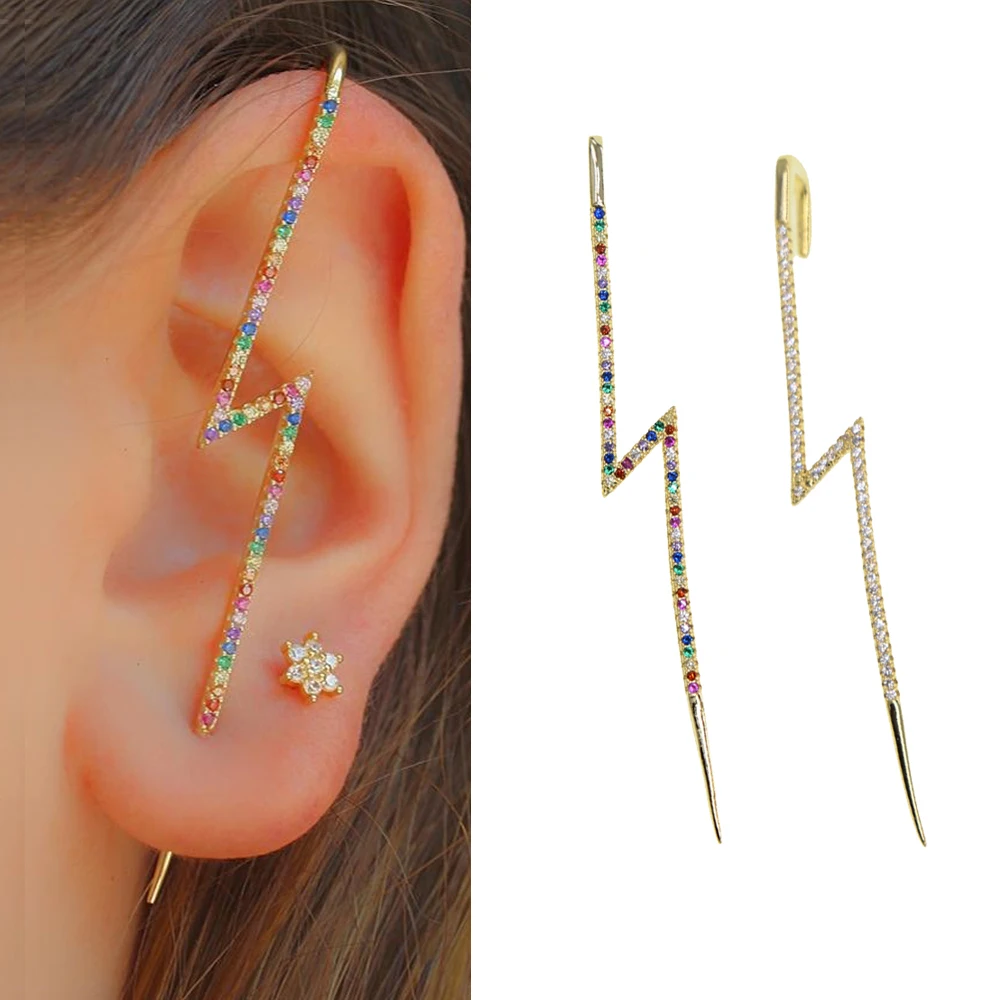 2020 новый молния болт длинный клип серьги-манжеты Белый Радуга кубического