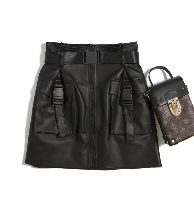 Осень 2021 новая юбка из овчины кожаная А силуэта с большим карманом и поясом