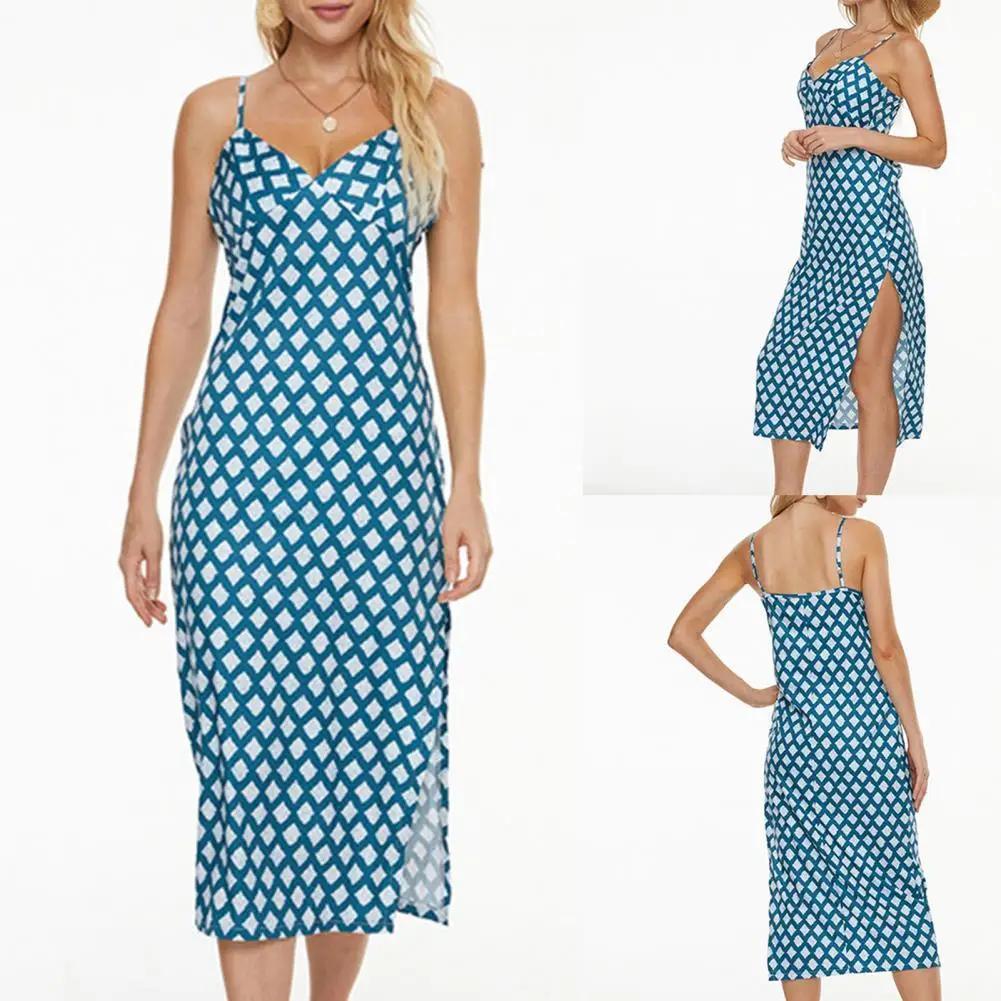 

Lady Stylish Sleeveless V Neck Split Dress Summer Midi Dress Backless for Vacation