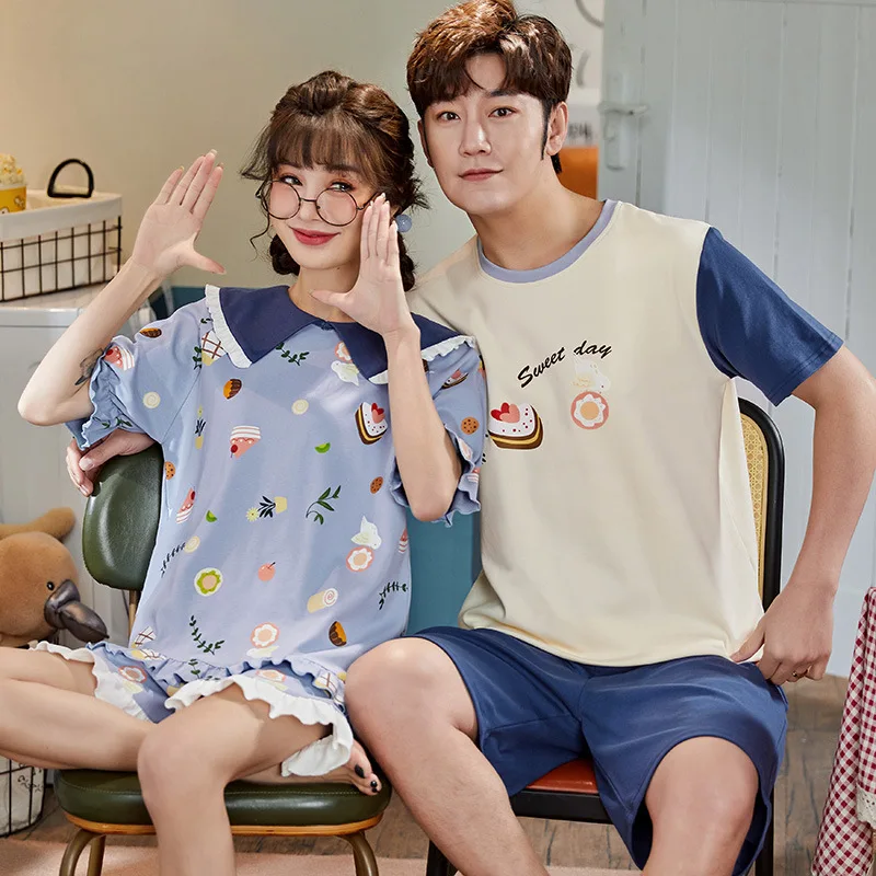 

SLPBELY Couple Pajamas Set Homewear Summer Cartoon Cat Casual Lapel Two Piece Short Sleeve Shorts Pyjamas Cute Lovers Sleepwear