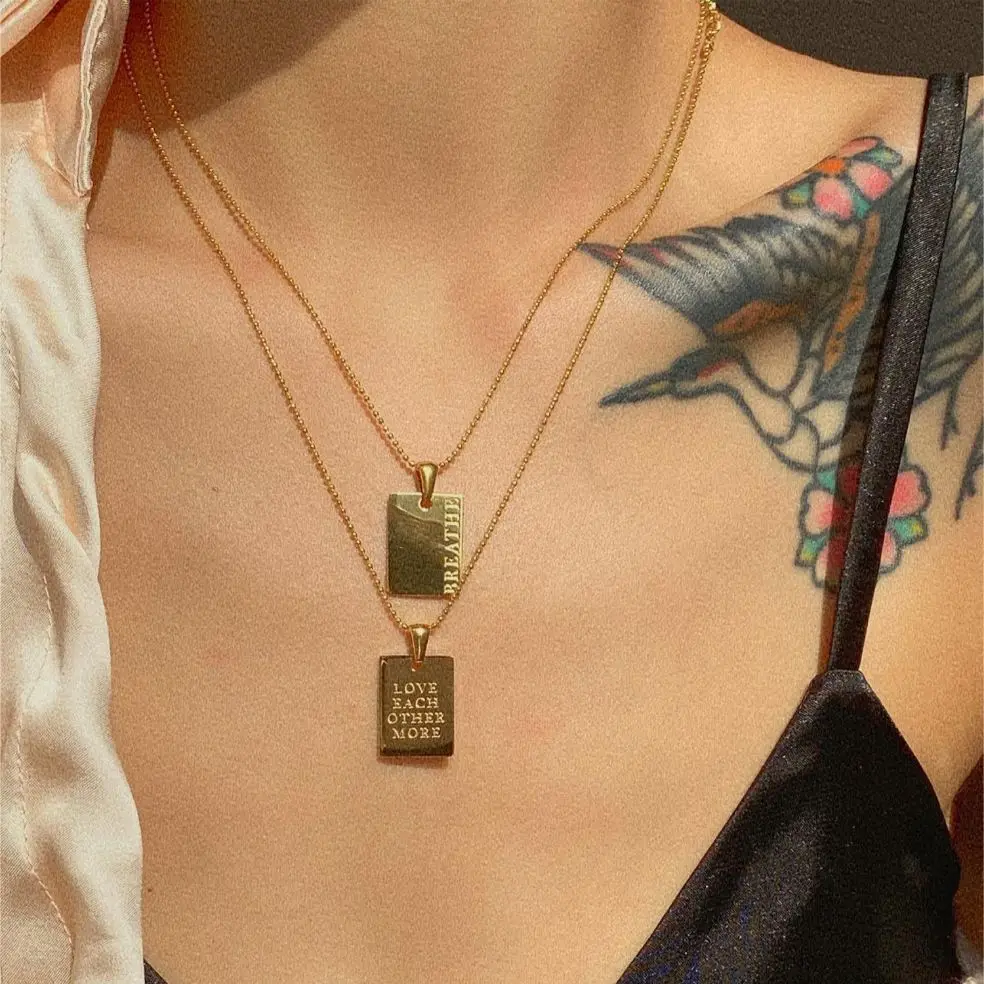 Gold Rectangle Letter Pendant Necklace Stainless Steel Engrave Nameplated Ball Link Chain Jewelry Vintage Party Choker |