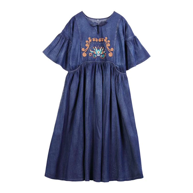 

Loose Plus Size Denim Skirt Retro Embroidery Women's Skirt Pleated Ruffled Sleeves Covering The Flesh And Thin Dress 2021 Summer