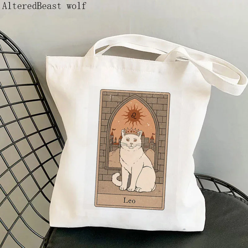

Women Shopper bag Leo cat Tarot Printed Kawaii Bag Harajuku Shopping Canvas Shopper Bag girl handbag Tote Shoulder Lady Bag