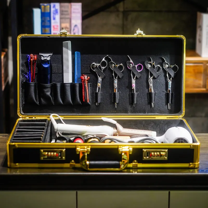 Парикмахерская коробка черного и золотого цвета с алюминиевой рамкой замком