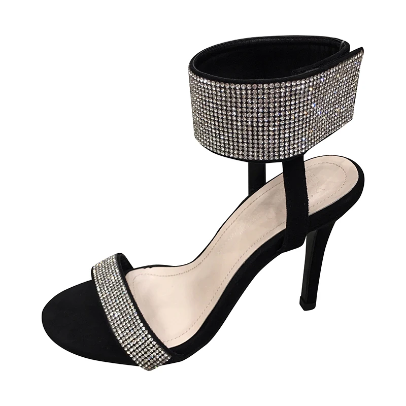 

Stiletto High Heels Rhinestone Women's Sandals Two Highly Open Toe Velcro High Quality Suede Black Sexy Sandals Women's Shoes
