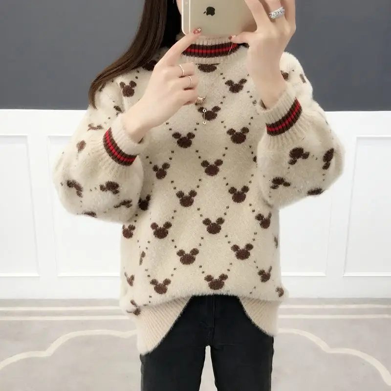 Женские Длинные Пуловеры и свитера с рисунком Микки Мауса 2019 джемпер оверсайз