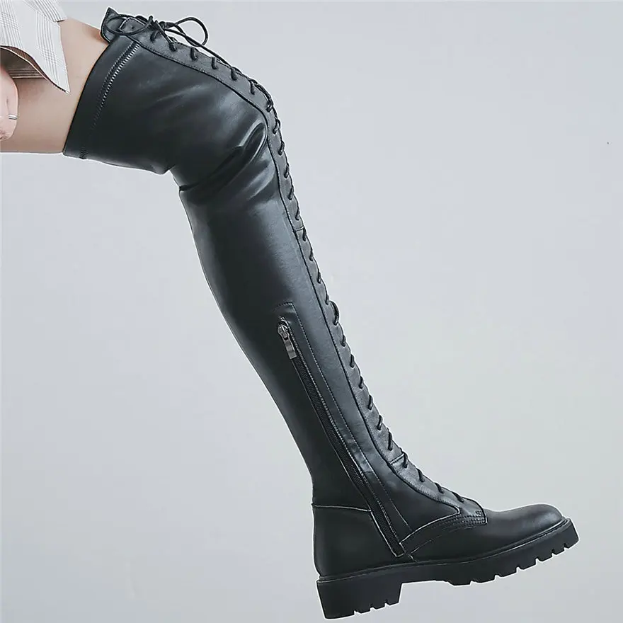 Thigh High Winter Oxfords Shoes Women Lace Up Strappy Over The Knee High Motorcycle Boots Female Long Shaft Fashion Sneakers
