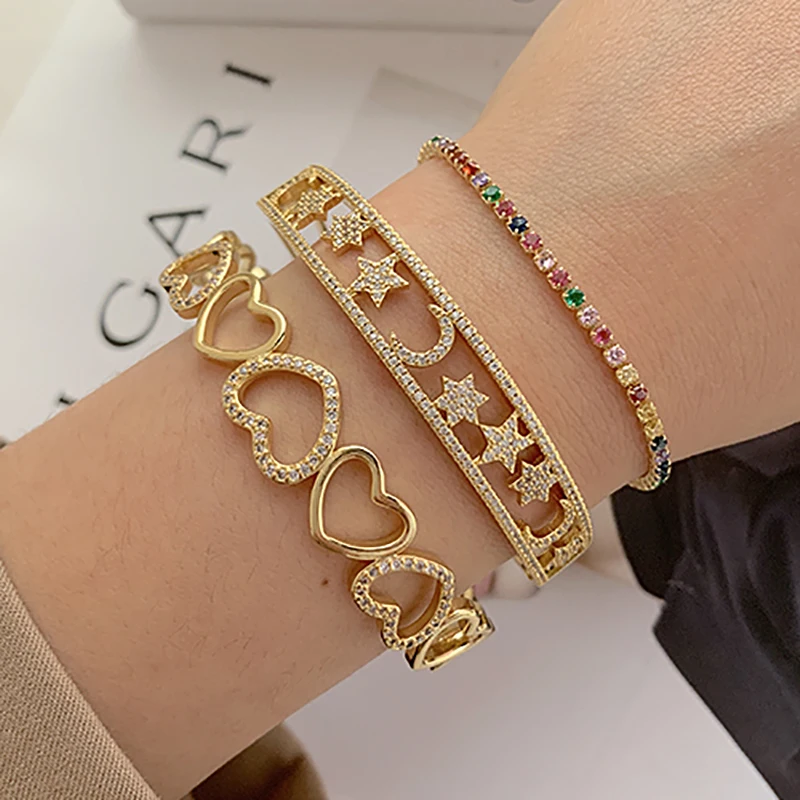 

Bohemia Vintage Golden Bangles Bracelets for Women Luxury Charming Heart Bracelet Rhinestone Wedding Fashion Jewelry 2021